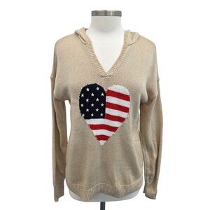 Beige Knit Hoodie Sweater With American Flag Heart Design Womens Size M Marled